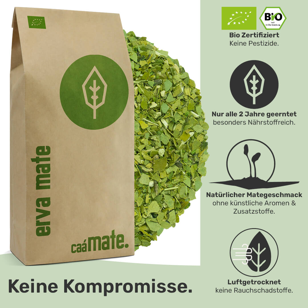 erva mate tee bio-zertifiziert nur alle zwei jahre geerntet ohne künstliche Aromen und Zusatzstoffen Luftgetrocknet